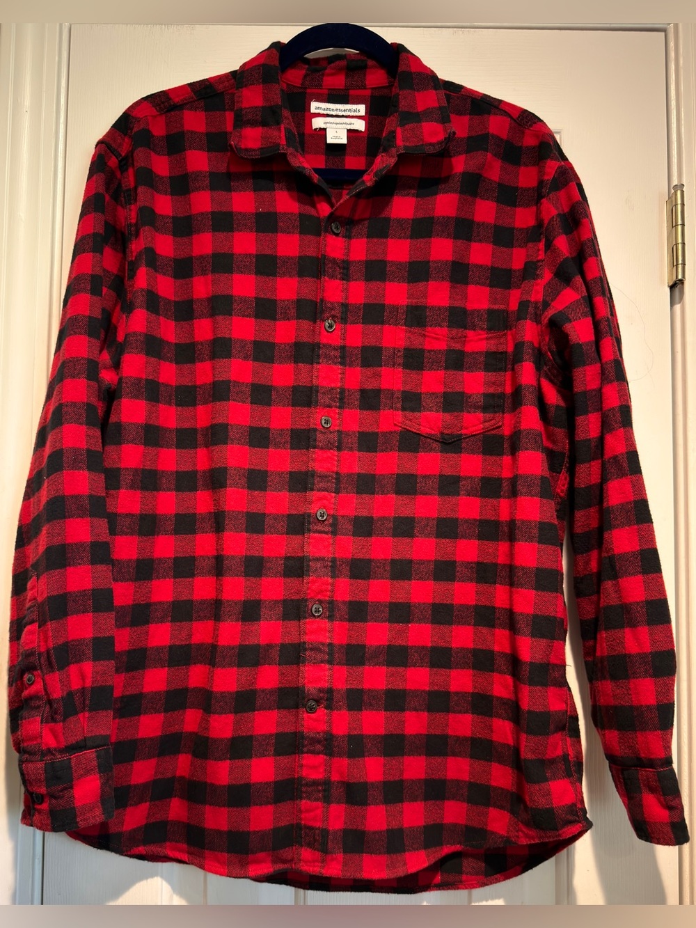 Men's Amzn Essentials LS Collared Button Up Plaid Flannel Shrt Sz Lrg Red & Blk